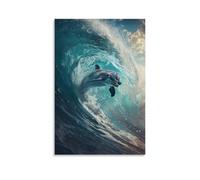 LXPPLSYY Décoration murale moderne à suspendre avec un dauphin dans des lunettes de soleil Rides A Massive Wave, A Trail of Foam Behind - 40 x 60 cm