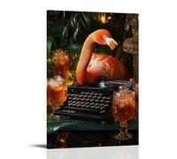 LXPPLSYY Décoration murale moderne à suspendre avec un flamant rose tapant un roman sur une vieille machine à écrire, entouré de verres de thé glacé 20 x 30 cm