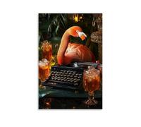 LXPPLSYY Décoration murale moderne à suspendre avec un flamant rose tapant un roman sur une vieille machine à écrire, entouré de verres de thé glacé 20 x 30 cm