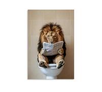 LXPPLSYY Décoration murale moderne à suspendre avec un lion assis sur une toilette lisant le journal du matin sur fond beige 50 x 75 cm