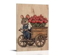 LXPPLSYY Décoration murale moderne à suspendre avec une souris en salopette, tulipes d'un chariot en bois, dessiné dans des tons d'encre antique chauds, 60 x 90 cm