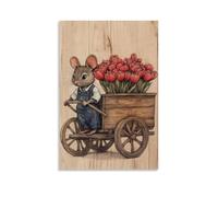 LXPPLSYY Décoration murale moderne à suspendre avec une souris en salopette, tulipes d'un chariot en bois, dessiné dans des tons d'encre antique chauds, 60 x 90 cm