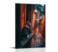 LXPPLSYY Décoration murale moderne à suspendre Motif chat sur un rebord de fenêtre rustique surplombant une allée pavée au crépuscule 30 x 45 cm