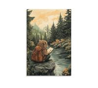 LXPPLSYY Décoration murale moderne à suspendre, motif hérisson, voyageur, esquisse des arbres lointains dans un journal au bord du ruisseau, 60 x 90 cm