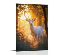 LXPPLSYY Décoration murale moderne à suspendre représentant un cerf blanc brillant sortant d'une brume dorée dans une forêt enchantée silencieuse au lever du soleil (50 x 75 cm)