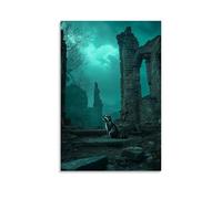 LXPPLSYY Décoration murale moderne à suspendre représentant un raton laveur silencieux explorant des ruines oubliées sous un ciel bleu sarcelle fantôme lourd avec des souvenirs invisibles 60 x 90 cm