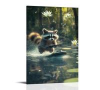 LXPPLSYY Décoration murale moderne à suspendre représentant un raton laveur traversant un marais sur un hoverboard, des nénuphars volant au passé, 50 x 75 cm