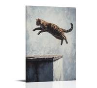 LXPPLSYY Peinture à l'huile animale - Un chat s'escrime en plein air sur un bord de toit, drame à l'huile cinématographique, ombre plate sur fond gris, décoration murale moderne à suspendre, affiche