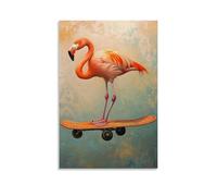 LXPPLSYY Peinture à l'huile animale - Un flamant rose en équilibre sur un longboard avec élégance, toile de fond corail doux, art mural, décoration moderne, affiche d'art à suspendre, 60 x 90 cm