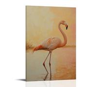 LXPPLSYY Un flamant rose gracieux debout tranquillement dans des eaux peu profondes sous un ciel de pêche doux, poésie pure sous forme de plumes. Décoration murale moderne à suspendre, affiche d'art à