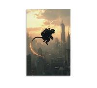 LXPPLSYY Un singe avec un jetpack qui vole à travers la ville d'horizon, queue traînant des étincelles. Décoration murale moderne à suspendre, 60 x 90 cm