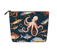 LXqlSS Faux sac de maquillage en chanvre avec imprimé poisson et pieuvre, trousse de toilette de voyage, accessoires de maquillage cosmétiques pratiques, noir, One Size