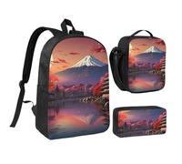 LXqlSS Japan Mount Fuji Sac à dos imprimé paysage pour un usage quotidien, 3 pièces avec boîte à déjeuner et trousse à crayons