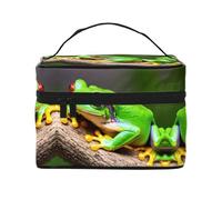 LXqlSS Jolie trousse de maquillage portable aux yeux rouges avec motif grenouilles d'arbre pour femmes, trousse de maquillage de voyage pour femme, organiseur de maquillage à fermeture éclair, en cuir