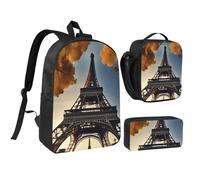 LXqlSS Magnifique sac à dos imprimé Tour Eiffel Paris pour un usage quotidien, 3 pièces avec boîte à déjeuner et trousse à crayons