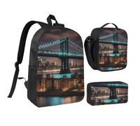 LXqlSS New York Manhattan Bridge Night Print Sac à dos Sac à dos Sac à dos pour usage quotidien, 3 pièces avec boîte à déjeuner et trousse à crayons