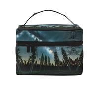 LXqlSS Night Sky with Trees Trousse de maquillage portable de voyage pour femme, fermeture éclair, organiseur de maquillage en cuir PU, lavable et imperméable, noir, One Size