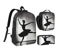LXqlSS Sac à dos imprimé ballerine pour un usage quotidien, 3 pièces avec boîte à déjeuner et trousse à crayons