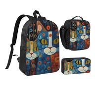 LXqlSS Sac à dos imprimé chat dessin animé pour un usage quotidien, 3 pièces avec boîte à déjeuner et trousse à crayons