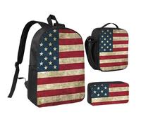 LXqlSS Sac à dos imprimé drapeau américain pour un usage quotidien, 3 pièces avec boîte à déjeuner et trousse à crayons