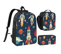 LXqlSS Sac à dos imprimé fusée dans l'espace pour un usage quotidien, 3 pièces avec boîte à déjeuner et trousse à crayons