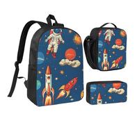 LXqlSS Sac à dos imprimé fusée dans l'espace pour un usage quotidien, 3 pièces avec boîte à déjeuner et trousse à crayons