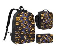 LXqlSS Sac à dos imprimé lèvres dorées pour un usage quotidien, lot de 3 sacs à dos avec boîte à déjeuner et trousse à crayons