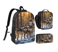 LXqlSS Sac à dos imprimé loups pour un usage quotidien, ensemble sac à dos 3 pièces avec boîte à déjeuner et trousse à crayons