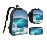 LXqlSS Sac à dos imprimé vagues de l'océan pour un usage quotidien, ensemble 3 pièces avec boîte à déjeuner et trousse à crayons