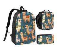 LXqlSS Sac à dos indien imprimé alpaga pour un usage quotidien, 3 pièces avec boîte à déjeuner et trousse à crayons