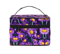 LXqlSS Trousse de maquillage portable en cuir synthétique avec fermeture éclair pour femme, motif marguerite violette, lavable et imperméable, noir, One Size