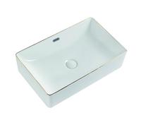 LXTEDJ Lavabo De Salle De Bain De Luxe Moderne, Vasque Rectangulaire À Poser, En Céramique Blanche Avec Garniture Dorée, Avec Trop-Plein Et Bonde Escamotable-60X38X15.5CM