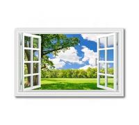 LXURY Tableau Fenêtre Ouverte Fausse fenêtre - Grand arbre sous un ciel bleu - Nuages blancs - Naturels Tableaux de paysage pour chambre à coucher, salle de bain, décoration 80 x 120 cm - Sans cadre