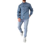 LXURY Veste chemise boutonnée pour hommes, manteau de travail en coton, surchemise boutonnée, coupe ajustée à manches longues pour hommes (Blue,2XL)