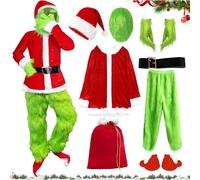 LXWINNER Costume de Grinch pour adulte, Costume de Grand Monstre Vert, Costume de Père Noël Vert Hommes, Costume de Monstre Vert avec masque, Costume de fête de Noël Cosplay Mottoparty (XXL-XXXL)
