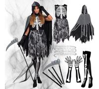 LXWINNER Déguisement Faucheuse Fille, Halloween Costume de Faucheuse Cape à Capuchon avec Faux, Chaussettes, Chaîne à la Taille, Costume Faucheuse Enfant, pour Cosplay Carnaval Halloween (M)