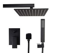 LXYST Bathroom Black Square Bath Wall Mounted Quality Brass Mixer Faucet with Ultrathin 8-12" Rainfall Head,Luxury Shower Set,10inch