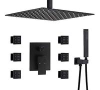 LXYST Bathroom Black Square Ceiling Rainfall Faucet System with 6 PCS Body Jets Mixer Luxury Shower Set,12 inch