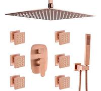 LXYST Bathroom Brass Ceiling Mount Rainfall Faucet System with 6 PCS Body Sprays Jets Mixer Brushed Rose Gold Luxury Shower Set,12 inch