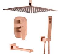 LXYST Bathroom Brass Rose Gold Ceiling Mounted 10-12 Rainfall Faucet System Mixer with Handheld and Tub Taps, Luxury Shower Set,10 inch