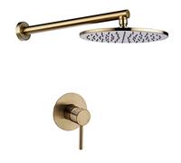 LXYST Brass Brushed Gold Bathroom with 8-12 Round Head Wall Mounted Arm One Diverter Valve Luxury Shower Set,10 inch