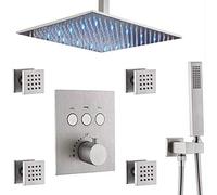 LXYST Brass Brushed Nickel Thermostatic Jets System with 10-12 Rain Head and Handheld Bathroom Ceiling Mount Luxury Shower Set,10 inch