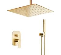 LXYST Brushed Gold Bathroom Brass Ceiling Mount Rain Mixer Rainfall Faucet System Combo Luxury Shower Set (10 inch)