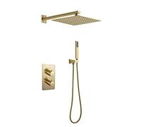LXYST Rainfall System Brushed Gold, 10" Stainless Steel Head with Handheld Wall Mounted Thermostatic Faucet Rain Mixer Shower Set