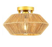 LXYST Rattan Light Vintage Semi Flush Mount Lamp, Handmade Woven Boho Close to Ceiling Lighting Fixtures for Bedroom Kitchen Entryway Living Room