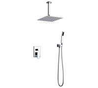 LXYST System,Wall Mounted 10" Ultrathin Square Ceiling Mount Rainfall Head, Hand Held Pressure Balance Valve and Trim Dual Function, Chrome Shower Set
