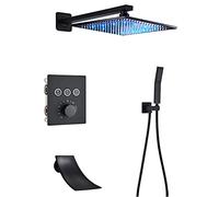 LXYST Thermostatic Bathroom Faucet Black, Rainfall Head with Hand Wall Mounted Bathtub Mixer Tap, Waterfall Bath Shower Set