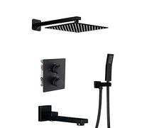 LXYST Thermostatic Set 3-Function Mixer Kit Square Rain Shower Heads with Handheld-Black-B_10 in