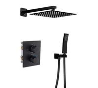 LXYST Thermostatic Set 3-Function Mixer Kit Square Rain Shower Heads with Handheld-Black-B_10 in