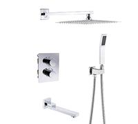 LXYST Thermostatic Set 3-Function Mixer Kit Square Rain Shower Heads with Handheld-Black-B_10 in